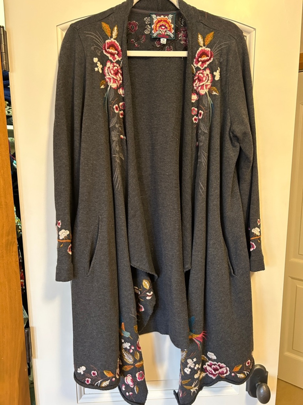 Johnny Was Embroidered Open-Front Gray Women's Cardigan Sweater